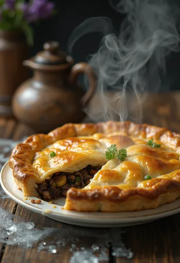 Pite me pendë foke e shërbyer në një enë rustike me brumë sfoliat të artë.