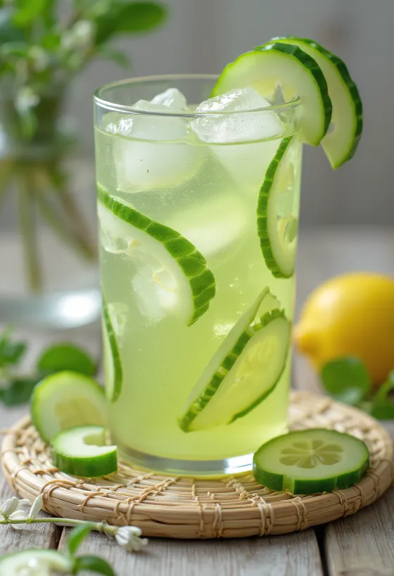 Limonadë freskuese me kastravec në gotë me mente dhe akull