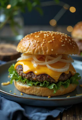 Hamburger me djathë cheddar, qofte mishi të lëngshme dhe djathë të shkrirë