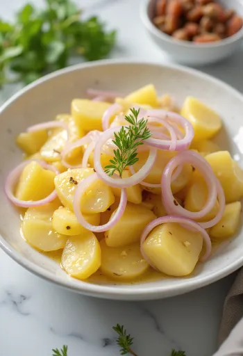 Sallatë patatesh e freskët me patate të ziera, qepë të kuqe dhe majdanoz të freskët.