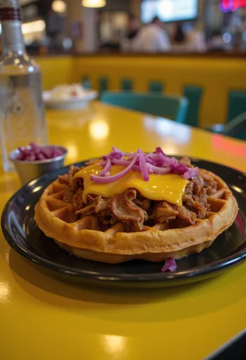 Gofra Pulled Pork me salcë BBQ dhe qepë të kuqe