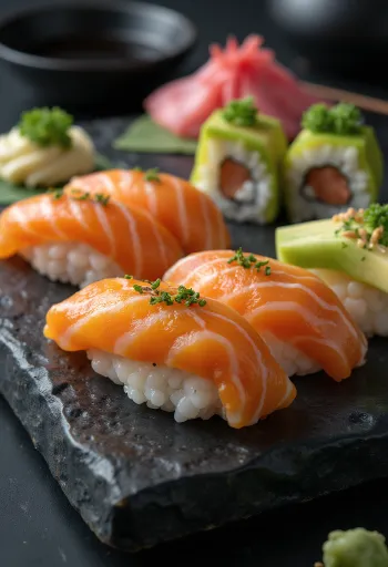 Sushi i shërbyer me salcë soje dhe xhenxhefil