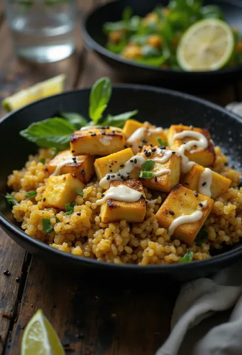 Wok me tofu në zgarë, kuinoa dhe tahini me kerri e servirur