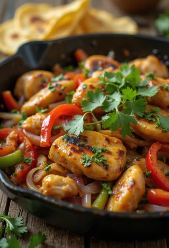Fajitas me gjoks pule dhe perime, servirur me koriandër të freskët