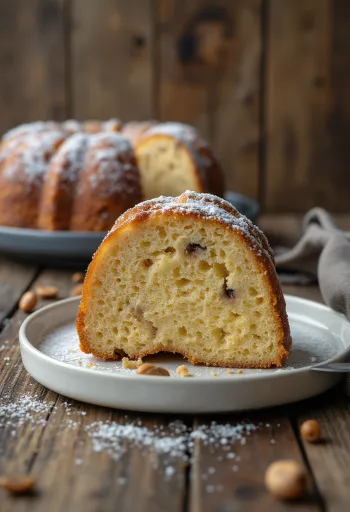 Kuglof me gështenja dhe banane i prerë në feta