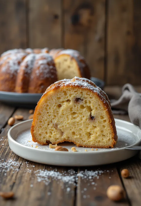 Kuglof me gështenja dhe banane i prerë në feta