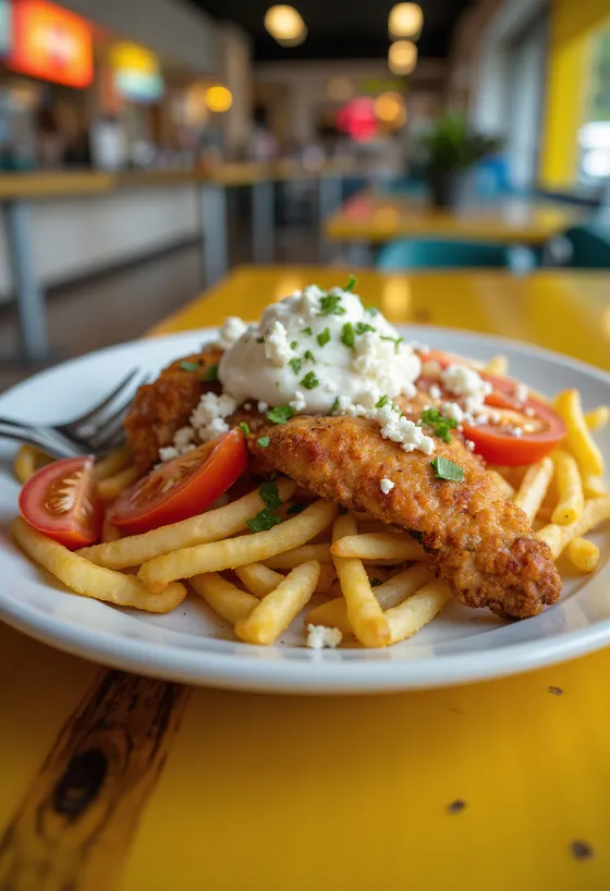 Pjatancë Gyros me pulë të pjekur, perime të freskëta, salcë xaxiqi dhe patate të skuqura