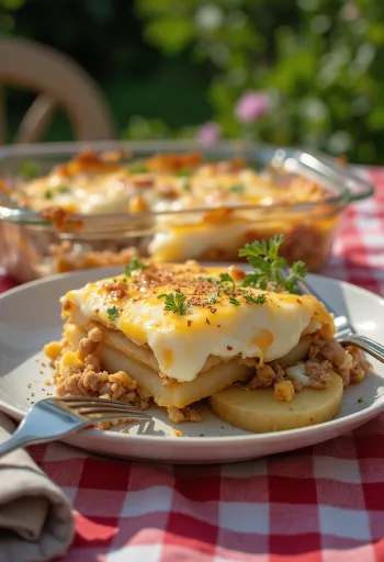 Tavë me patate dhe mish të grirë e servirur