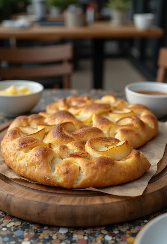 Focaccia me mollë dhe kanellë e shërbyer