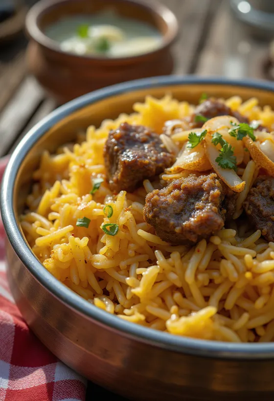 Biryani me mish dhie në pjatë