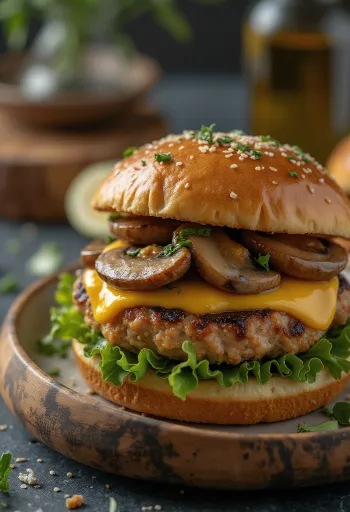 Hamburger me mish pule dhe kërpudha, pulë në zgarë dhe kërpudha të skuqura