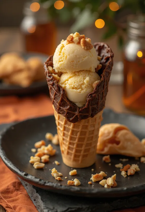 Akullore kaushi Drumstick Butterscotch e shërbyer