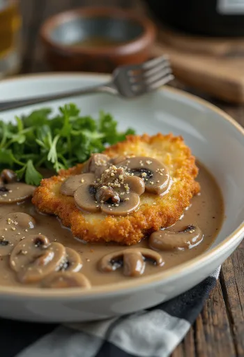 Jägerschnitzel i servirur me salcë kërpudhash dhe majdanoz