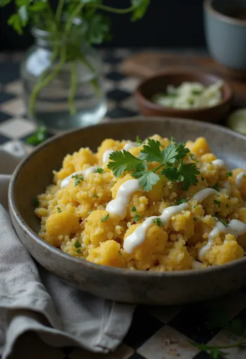 Kerri me lulelakër, kuinoa, tahini dhe tofu e servirur