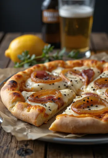 Pizza Alsacienne me ajkë, qepë dhe proshutë