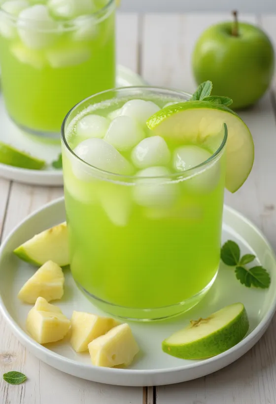 Limonadë freskuese me mollë jeshile në gotë me mente dhe akull