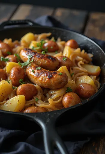 Salsiçe të pjekura të shërbyera me lakër dhe patate të ziera