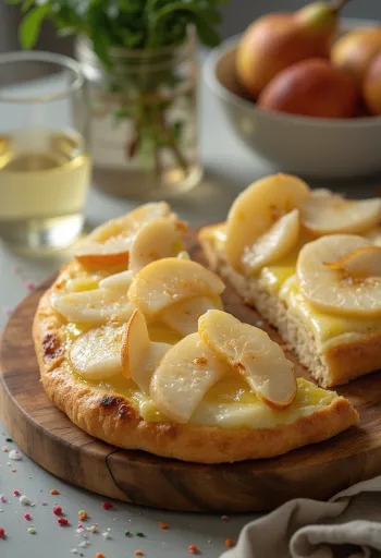 Focaccia me dardhë të pjekur dhe djathë Brie e shërbyer