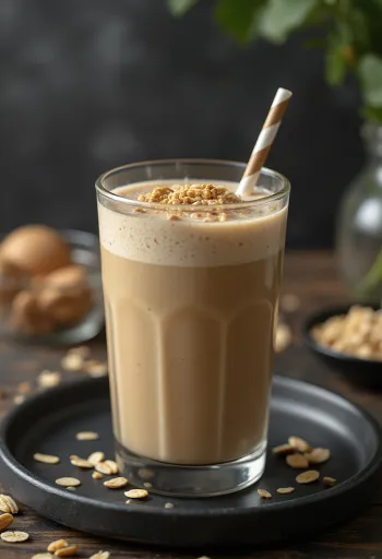 Smoothie me kafe e shërbyer në gotë të lartë, e zbukuruar me feta bananeje