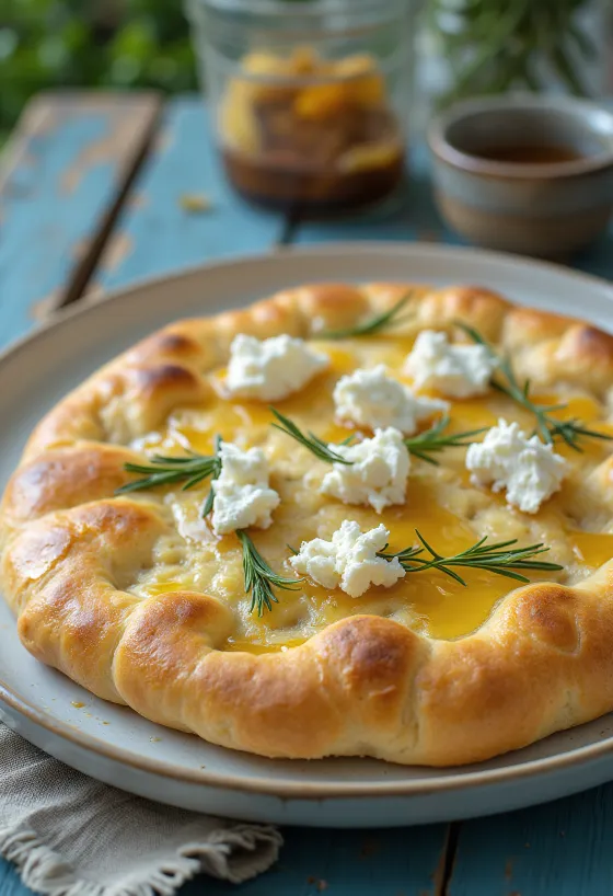 Focaccia me mjaltë, rozmarinë dhe djathë dhie e servirur