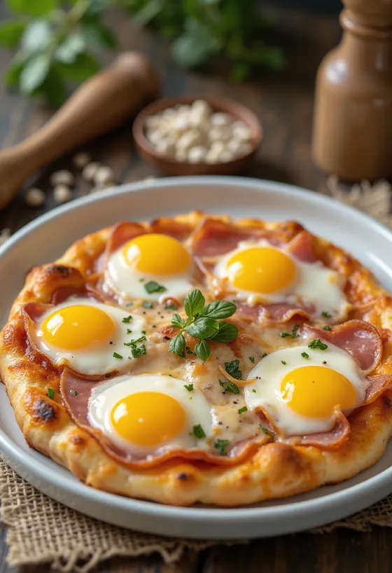 Pizza Bismark me vezë dhe proshutë