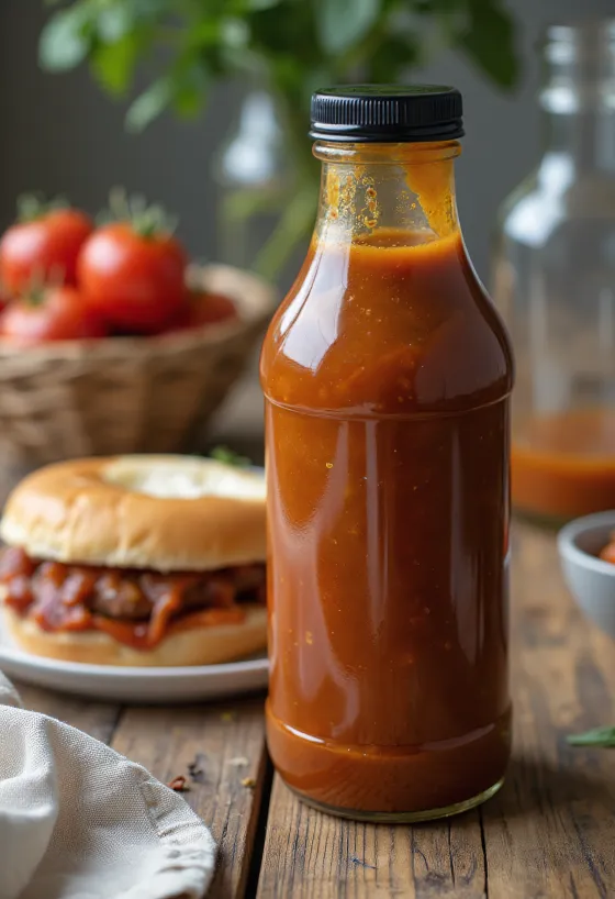 Salcë barbecue me domate dhe birrë në një tas, pranë mishrave të zgarës.