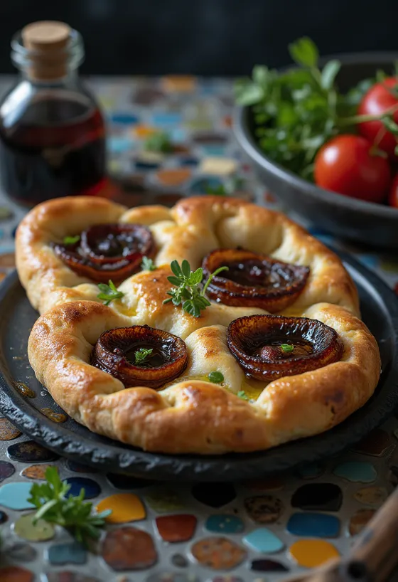 Focaccia me qepë të kuqe dhe uthull balsamike e shërbyer