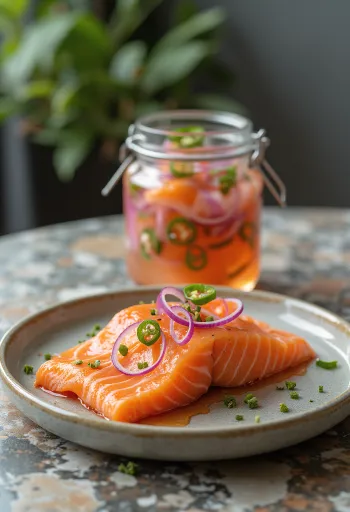 Salmon turshi pikant me uthull në kavanoz