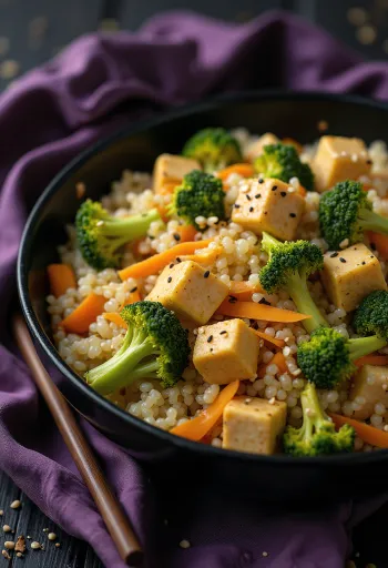 Wok me kuinoa, kerri dhe tofu me tahini, i servirur me perime të skuqura