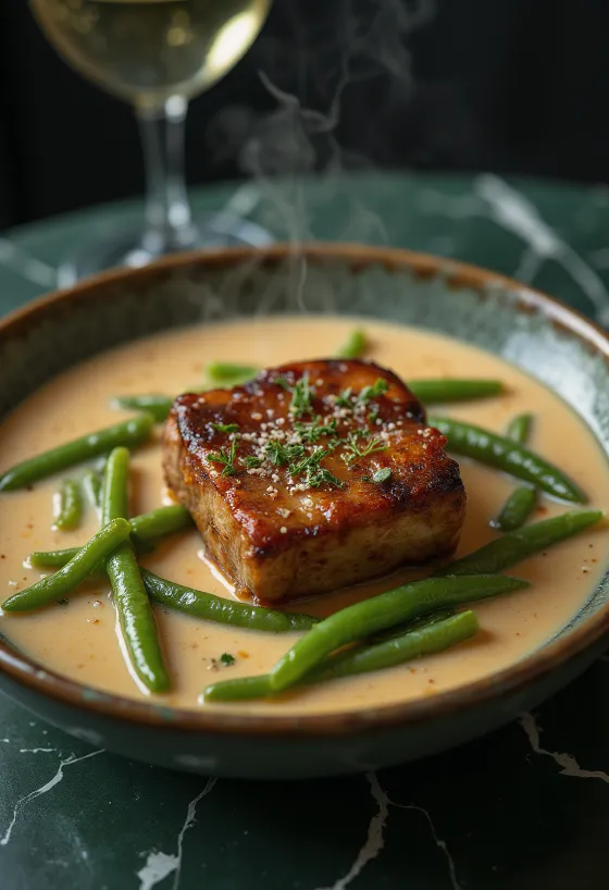 Brinjë të tymosura me gjellë bishtajash të servirura