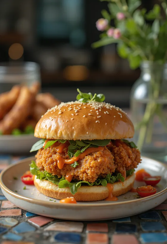 Hamburger me mish pule pikant dhe panim kërcitës