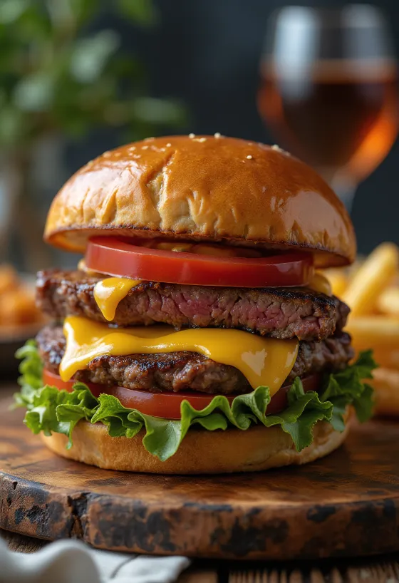 Burger me feta mishi bifteku me djathë dhe perime