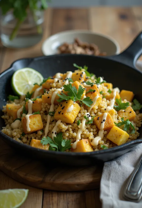 Wok me kuinoa e limon, tofu dhe tahini me kerri e servirur