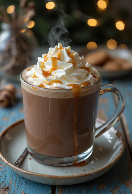 Çokollatë e ngrohtë me mjaltë dhe karamel në filxhan