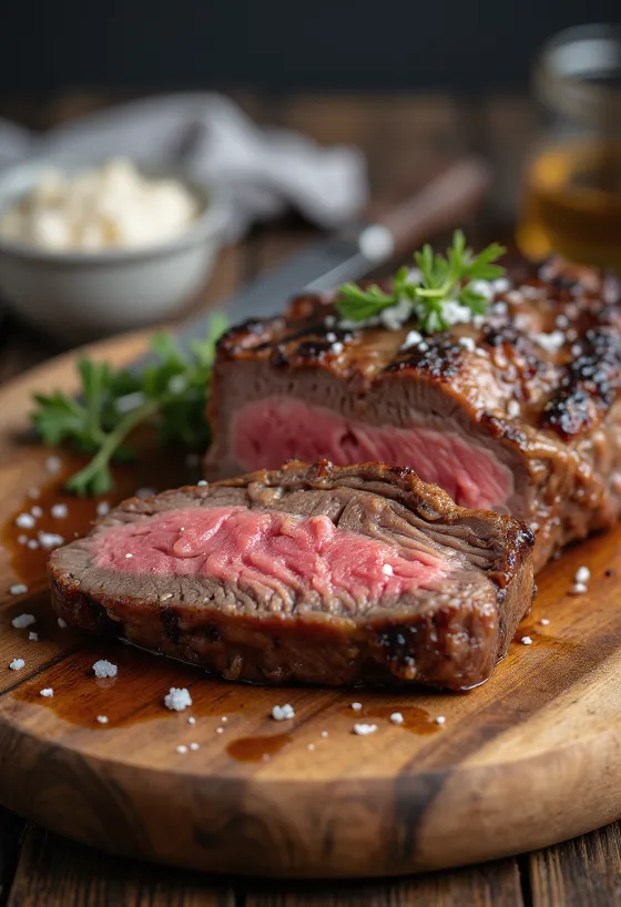 Picanha, feta mishi viçi brazilian të pjekura në zgarë me patate të skuqura dhe salcë chimichurri