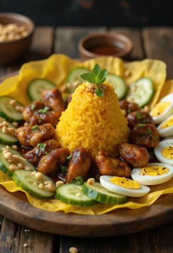 Tumpeng i shërbyer me pulë të skuqur dhe kikirikë