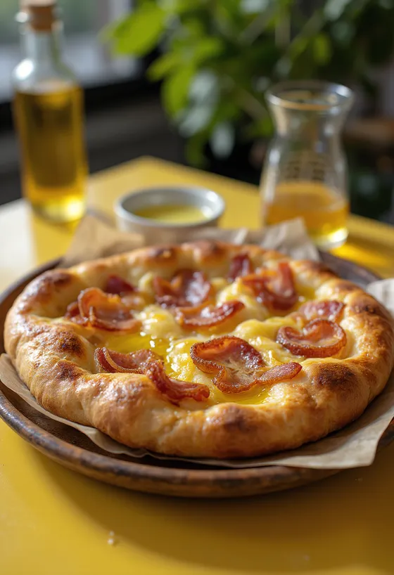 Focaccia me proshutë dhe qepë të kuqe e shërbyer