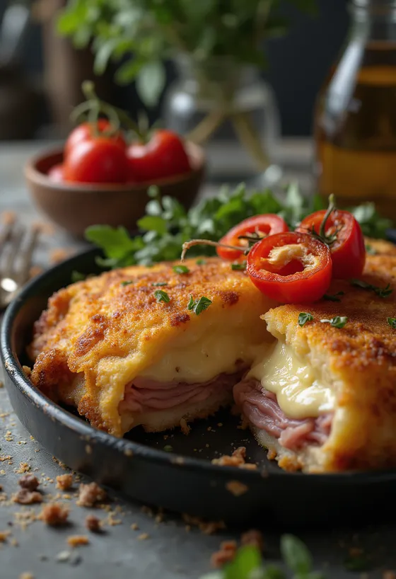 Cachopo e shërbyer me patate të skuqura dhe limon