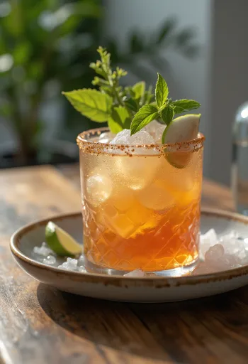 Koktej Mai Tai i zbukuruar me gjethe menteje dhe fetë lime