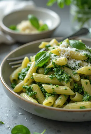 Makarona kremoze me spinaq, të spërkatura me parmezan të freskët, servirur në pjatë të bardhë.