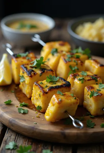 Achari paneer tikka copa paneer-i të pjekura në skarë, të marinuara në kos, të shërbyera me koriandër të freskët dhe limon