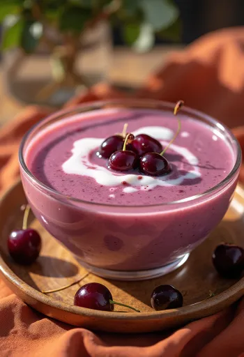 Supë freskuese e ftohtë vishnje e zbukuruar me shkumë pane, servirur në tas të bardhë.