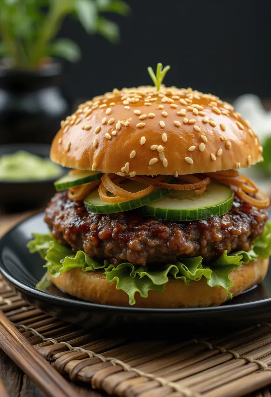 Burger japonez i sapopërgatitur me glasë teriyaki dhe wasabi