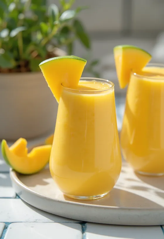 Smoothie me mango në gotë të lartë, e zbukuruar me feta mangoje