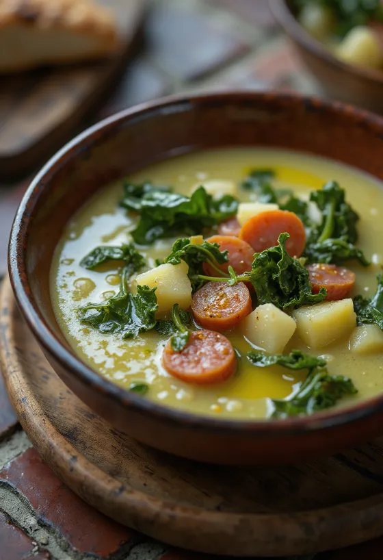 Supë Caldo Verde e shërbyer me salsiçe