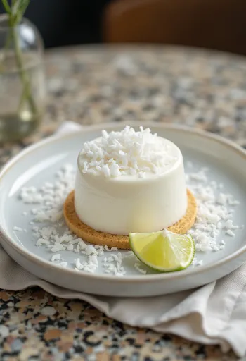 Tortë panna cotta me kokos e servirur me fruta të kuqe