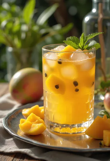Cider me mango dhe frut pasioni i shërbyer i freskët