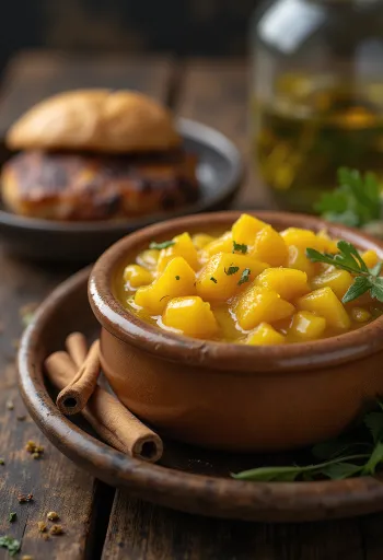 Chutney mango me xhinxher dhe kanellë në kavanoz qelqi