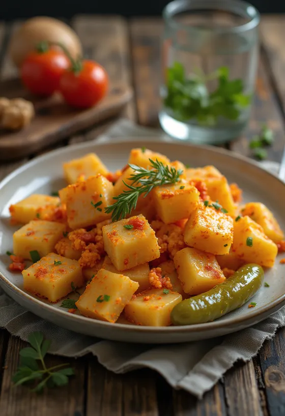 Makarona me patate shërbyer me qepë të skuqur dhe piper të kuq