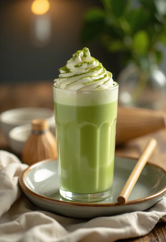 Matcha frappé e shërbyer e freskët